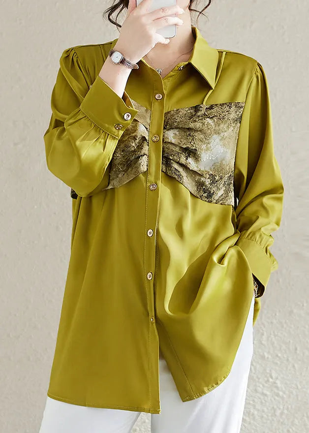Art Fluorescent Green Patchwork Chiffon Shirt Top Spring