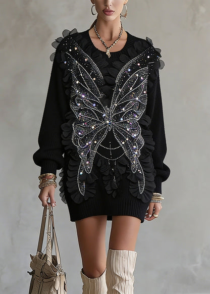 Black O-neck Sequins Top Lantern Sleeve Spring