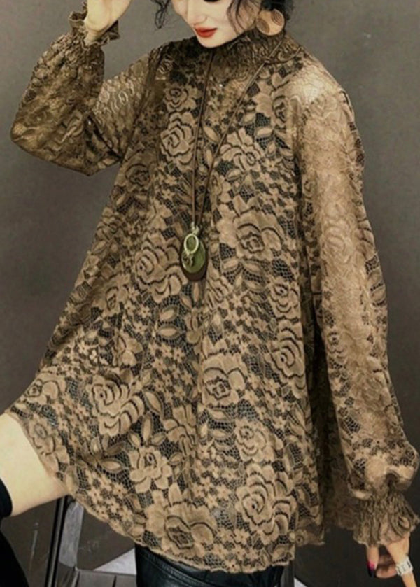 Versatile Korean Fit Long Sleeve Coffee Lace Top
