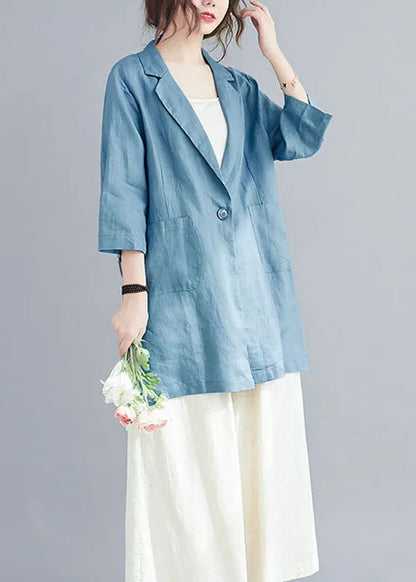 Natural Blue Notched Button Pockets Fall Three Quarter Sleeve Blouse Top