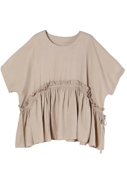Unique Khaki O-neck Cotton Loose Top Summer