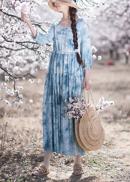 Handmade O-neck Drawstring Summer Soft Long Blue Dress