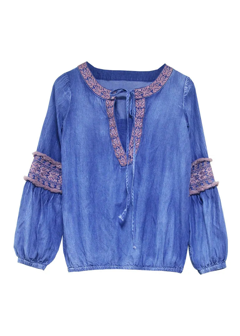 Simple Blue O-neck Embroideried Patchwork Cotton Tops Lantern Sleeve