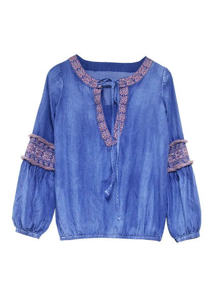Simple Blue O-neck Embroideried Patchwork Cotton Tops Lantern Sleeve