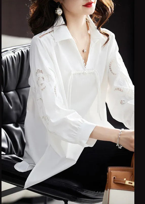 Loose White Embroideried Hollow Out Cotton Shirt Spring