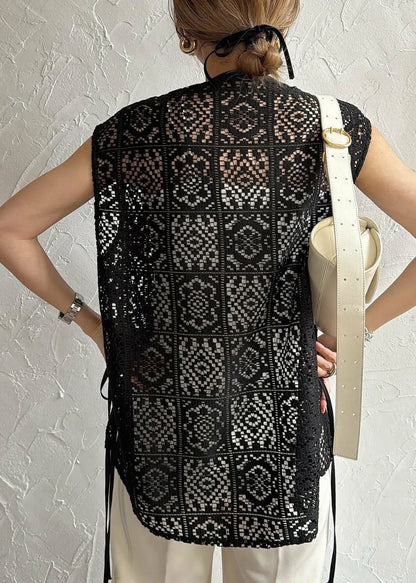 Black Oversized Hollow Out Lace Tops Sleeveless