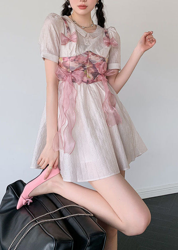 Grey Pink Bow Patchwork Print Silk Day Dress Summer