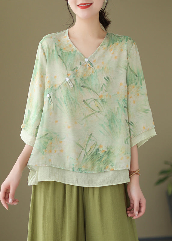 Purple V Neck Button Print Cotton Shirt Flare Sleeve