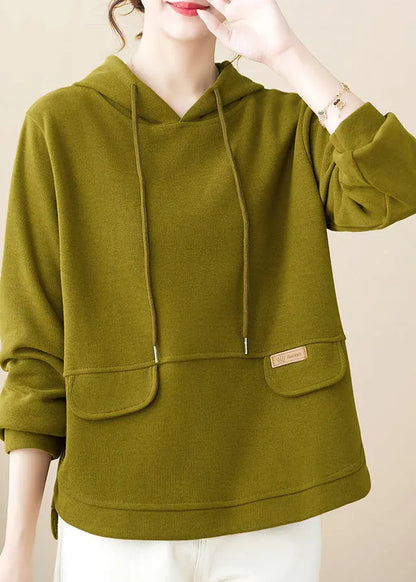 Loose Green Hooded Patchwork Cotton Pullover Fall