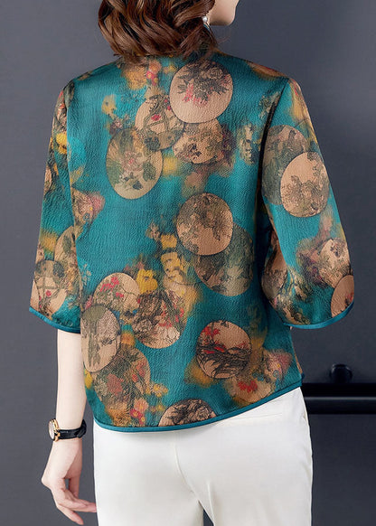 Green Stand Collar Print Patchwork Silk Blouse Top Summer