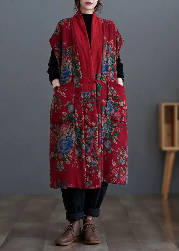 Original Style Red V Neck Print Pockets Fine Cotton Filled Vest Winter