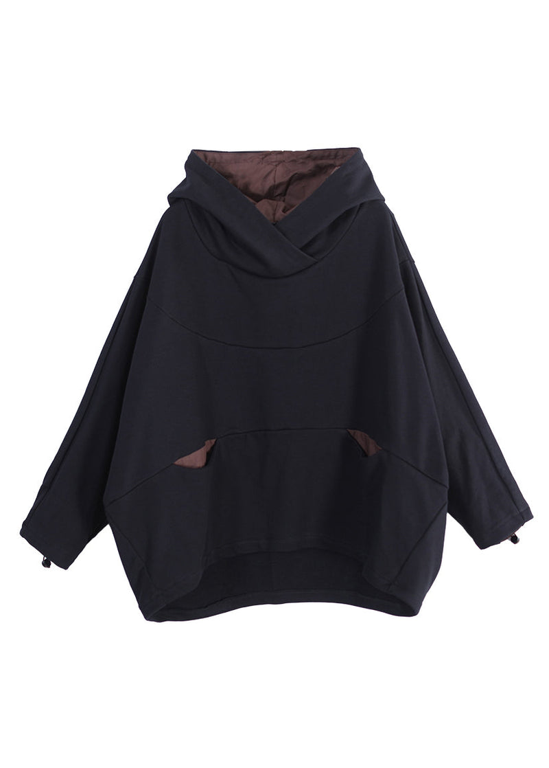 Modern Black Patchwork Drawstring Cotton Hooded Coat Long Sleeve