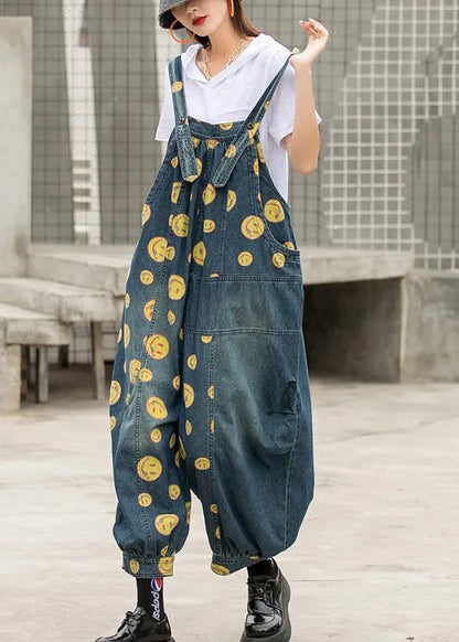 Blue Smile Print Patchwork Pockets Denim Jumpsuit Sleeveless