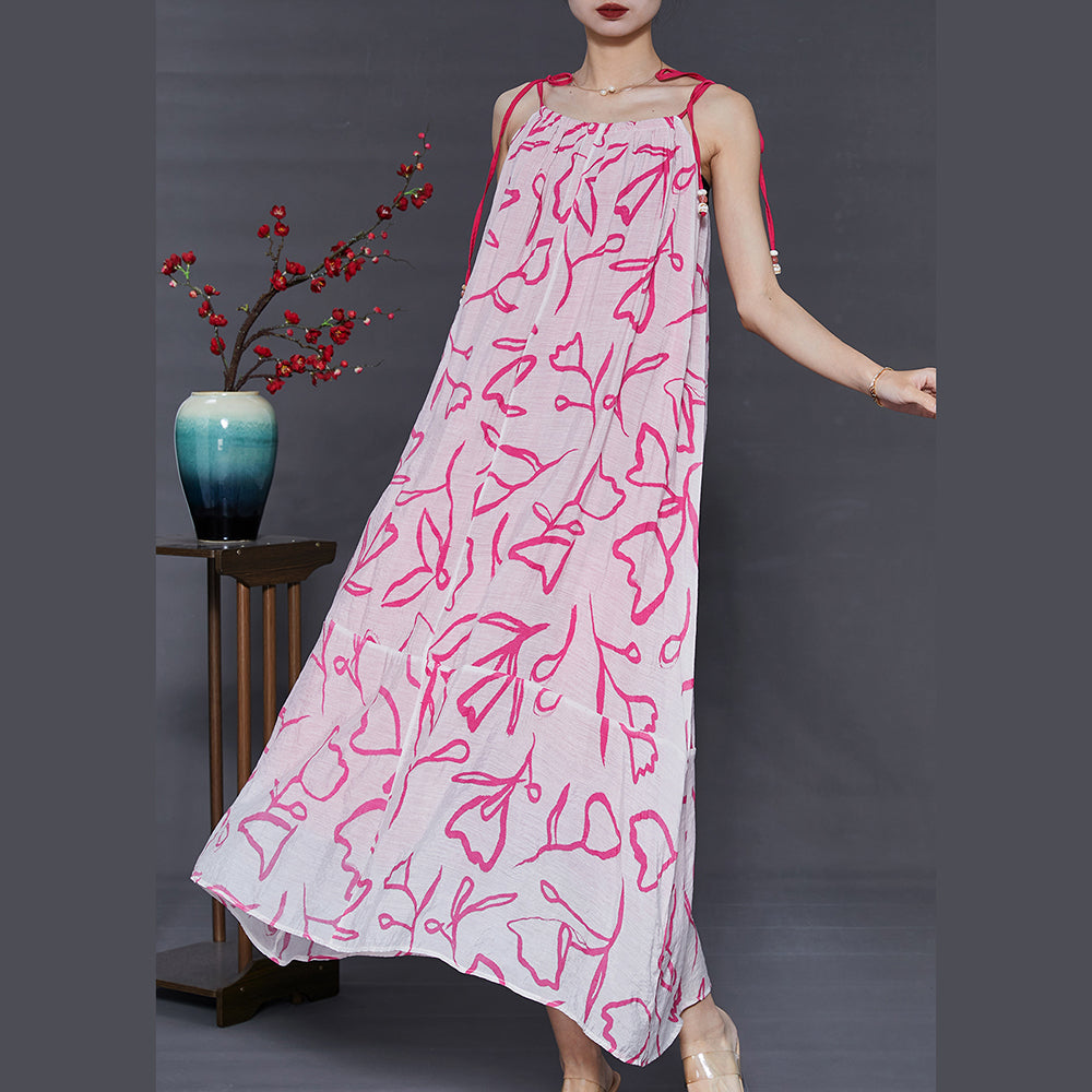 Pink Cold Shoulder Print Chiffoncotton Summer Dress
