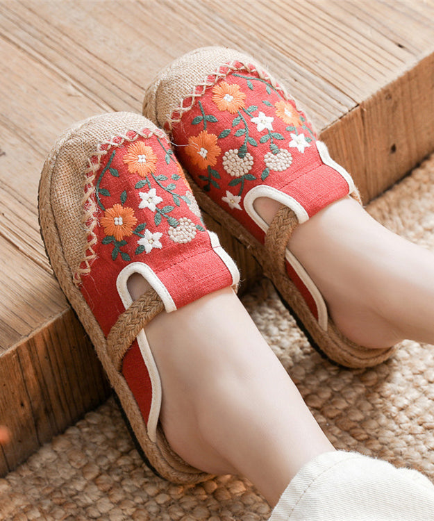 Retro Black Linen Fabric Embroidery Slide Sandals