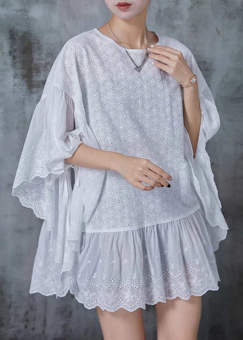French White Oversized Patchwork Hollow Out Tank Batwing Sleeve Summer