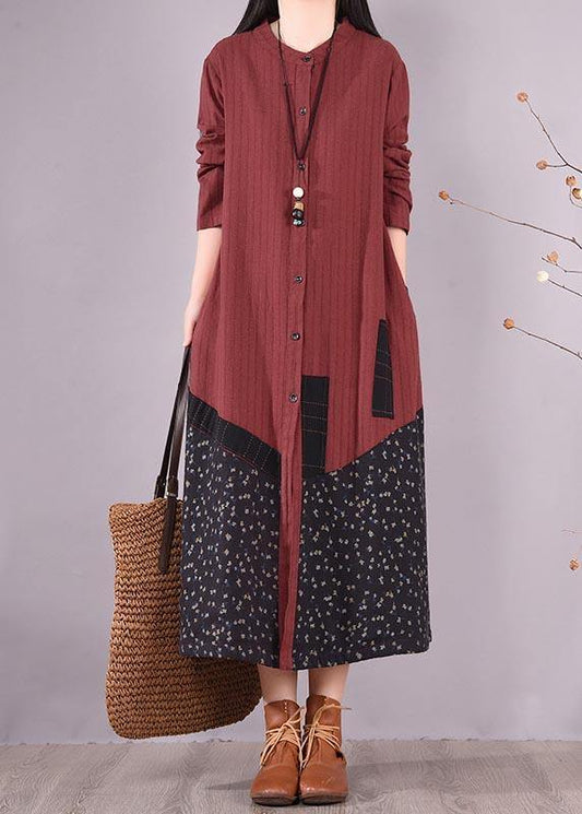 Red Patchwork Print Dress O Neck Pockets Traveling Spring Dresses