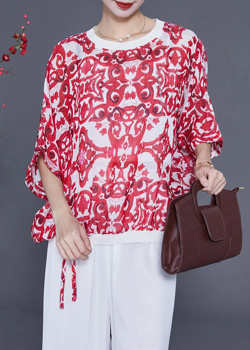 Red Oversized Print Drawstring Cotton Tanks Batwing Sleeve