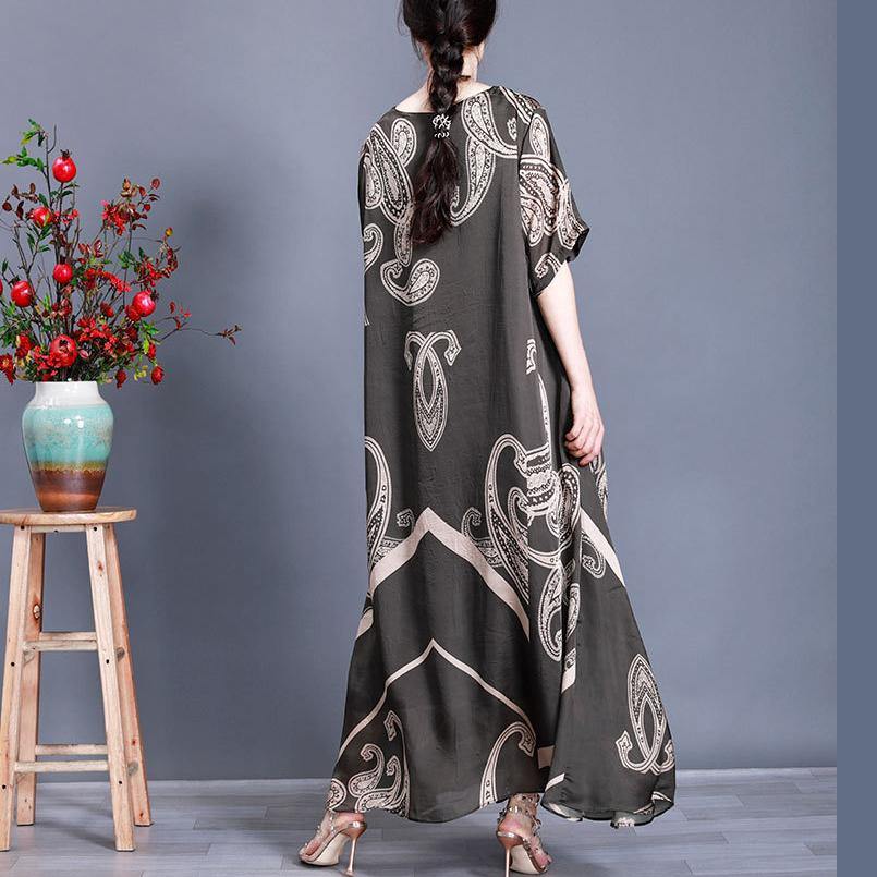 Tea Green Print Loose Silk Dress Summer