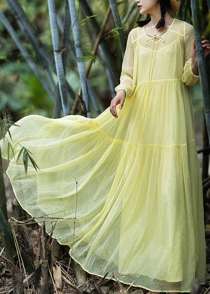 Yellow V Neck Patchwork Chiffon Vacation Long Dresses Spring