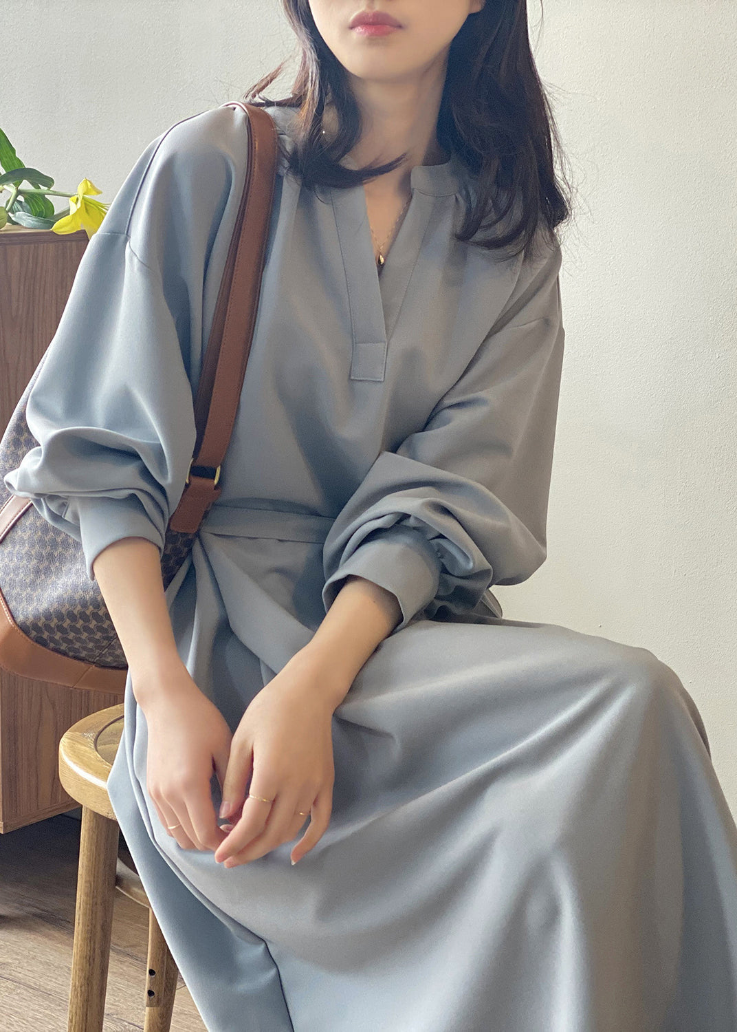 Apricot V Neck Tie Waist Cotton Long Dress Fall