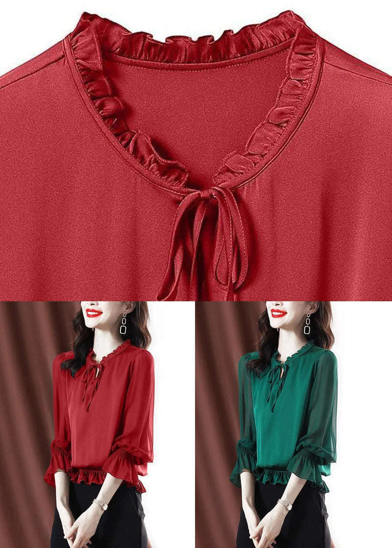 Green Ruffled Lace Up Chiffon Shirt Spring