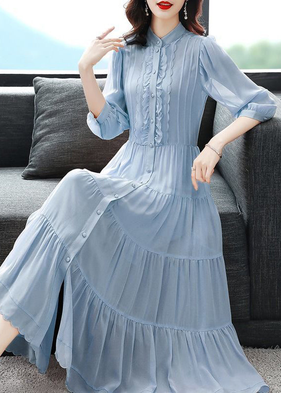 Blue Stand Collar Wrinkled Button Patchwork Silk Dress Fall