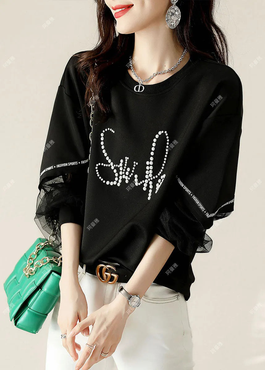 Black Tulle Print Cotton Loose Sweatshirt Spring