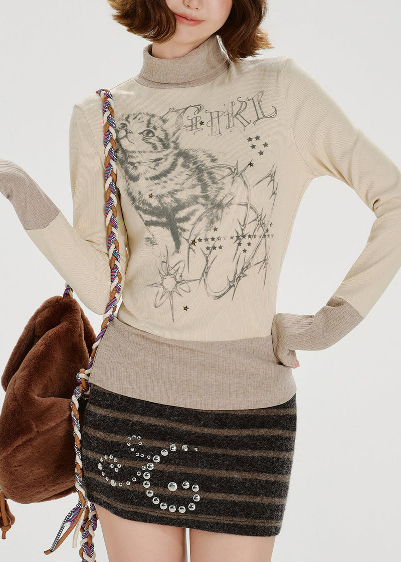American Style Print Zircon High Neck Long Sleeved T-shirt