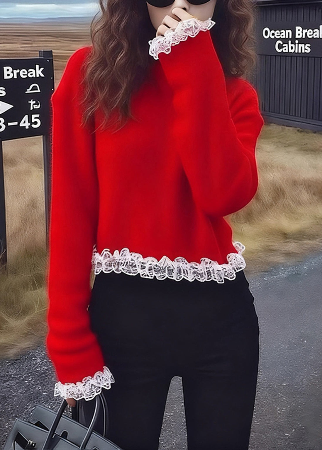 Red Oversized Patchwork Lace Sweaters Spring