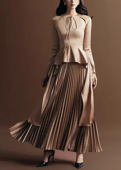Novelty Khaki Wrinkled Lace Up Silk Long Dress Fall