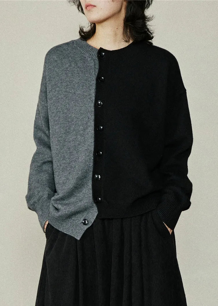 Brief Colorblock O-neck Asymmetrical Cotton Knit Sweaters Fall