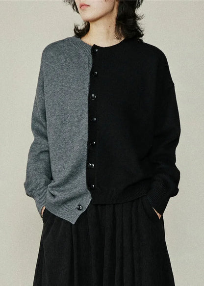 Brief Colorblock O-neck Asymmetrical Cotton Knit Sweaters Fall