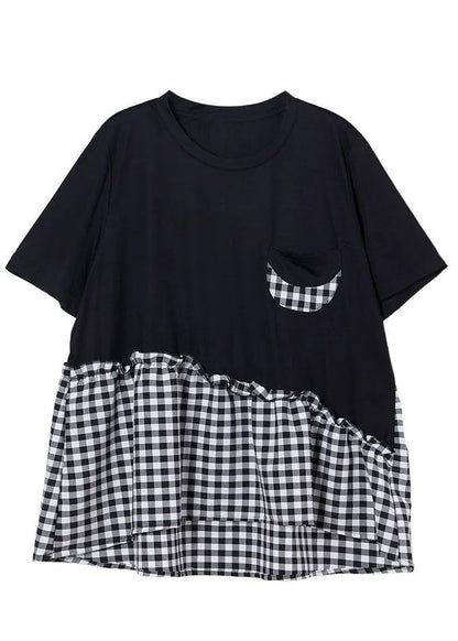Fine Black Patchwork Asymmetrical Design Ruffled Cotton Short Sleeve Summer Shirt Top