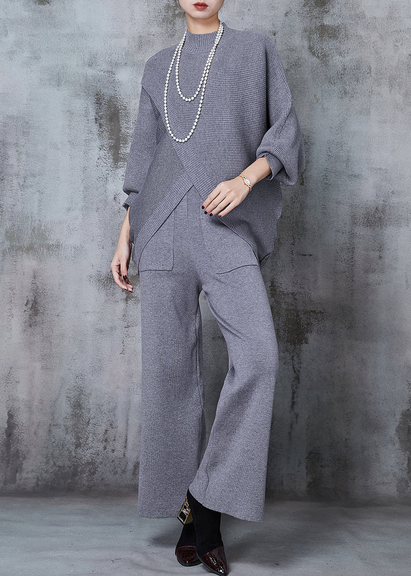 Grey Asymmetrical Design Knit Two Pieces Set Batwing Sleeve