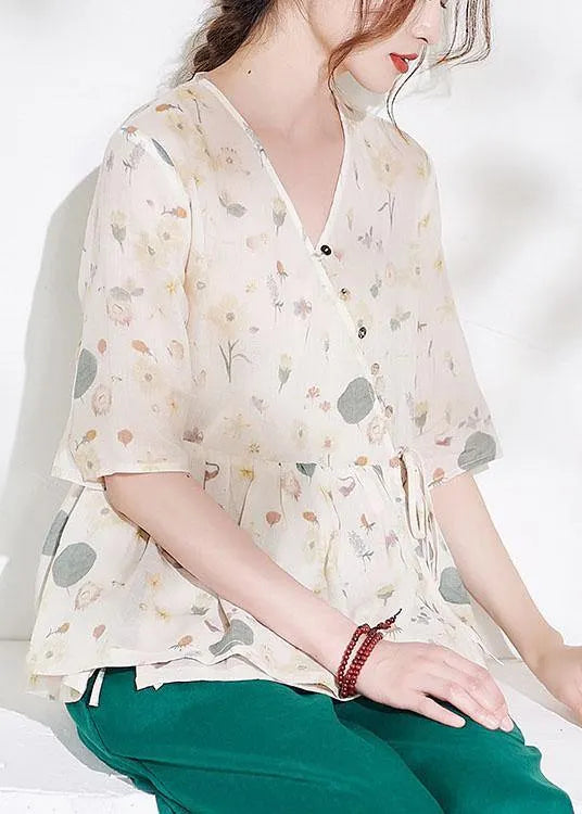 Classy Apricot Print Button Summer Ramie Half Sleeve