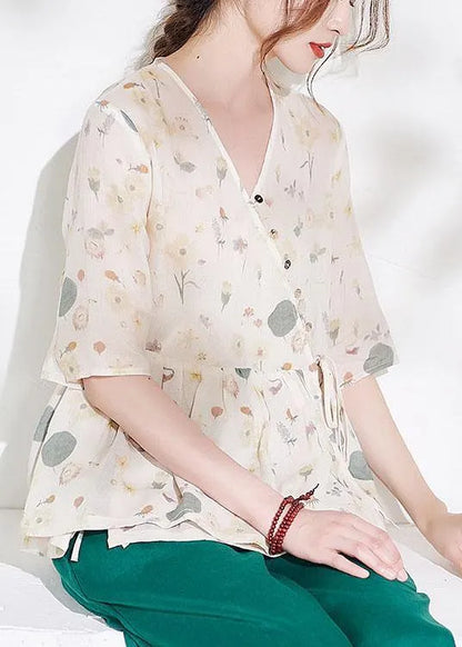 Classy Apricot Print Button Summer Ramie Half Sleeve
