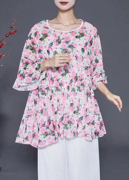 Pink Oversized Print Chiffon Tops Flare Sleeve