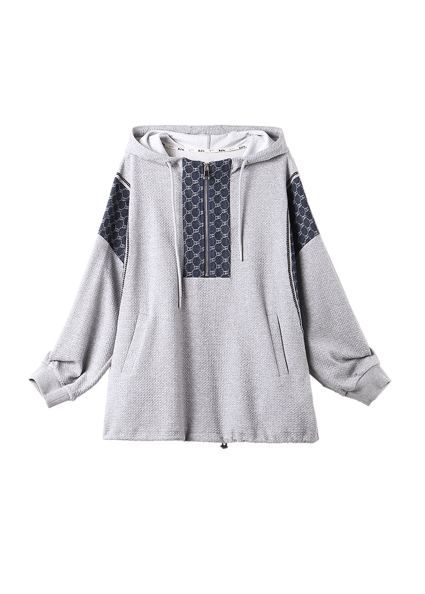Grey Zip Up Hooded Patchwork Cotton Top Fall