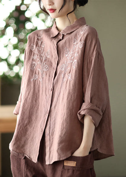 Simple Yellow Button Peter Pan Collar Embroideried Linen Blouse Top Long Sleeve