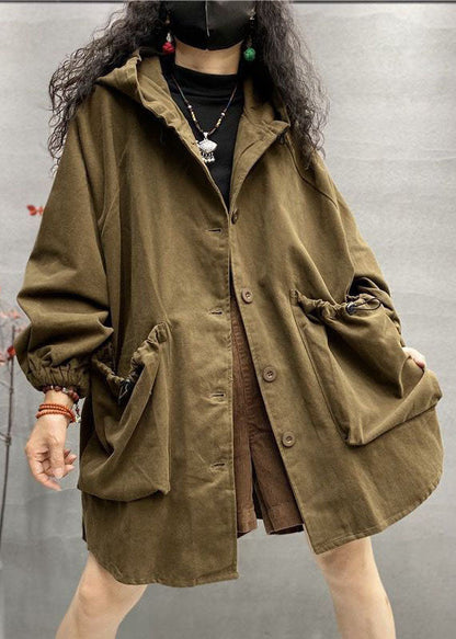 Khaki Hooded Drawstring Big Pockets Cotton Coats Spring