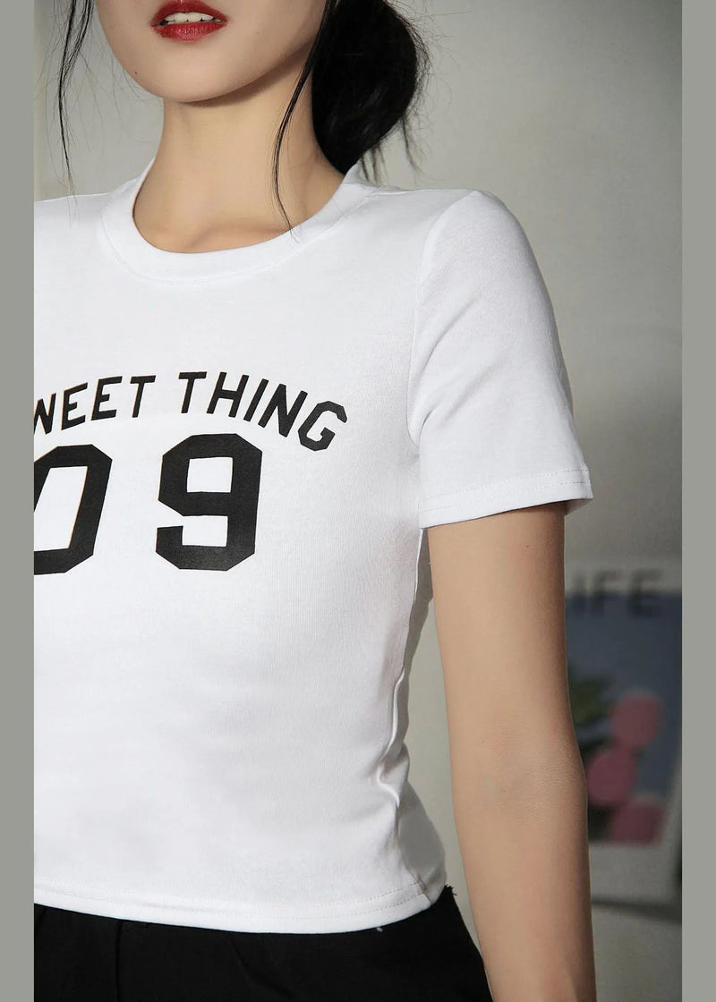 French White Letter O-neck Cotton Summer Tops