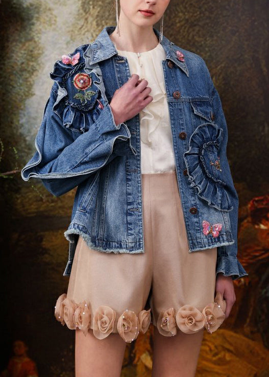 French Blue Embroideried Ruffled Patchwork Denim Coats Spring