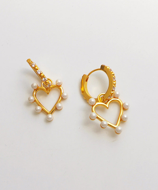 Gold Copper Overgild Inlaid Zircon Pearl Heart Hoop Earrings