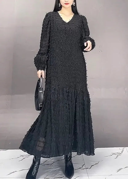 Modern Black V Neck Patchwork Chiffon Long Dress Spring
