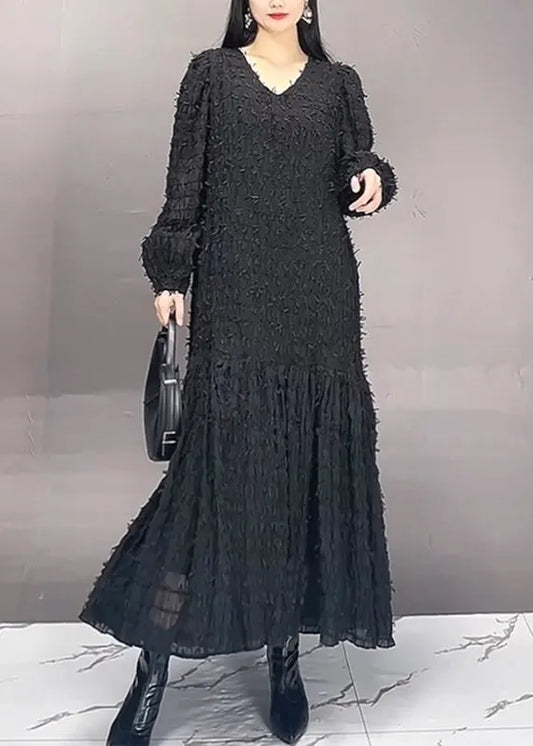 Modern Black V Neck Patchwork Chiffon Long Dress Spring
