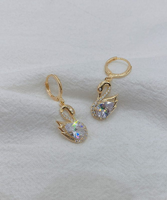 Gold Alloy Zircon Crystal Swan Drop Earrings