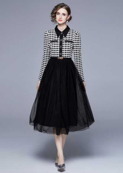 Black Peter Pan Collar Patchwork Tulle Cinch Dress Spring