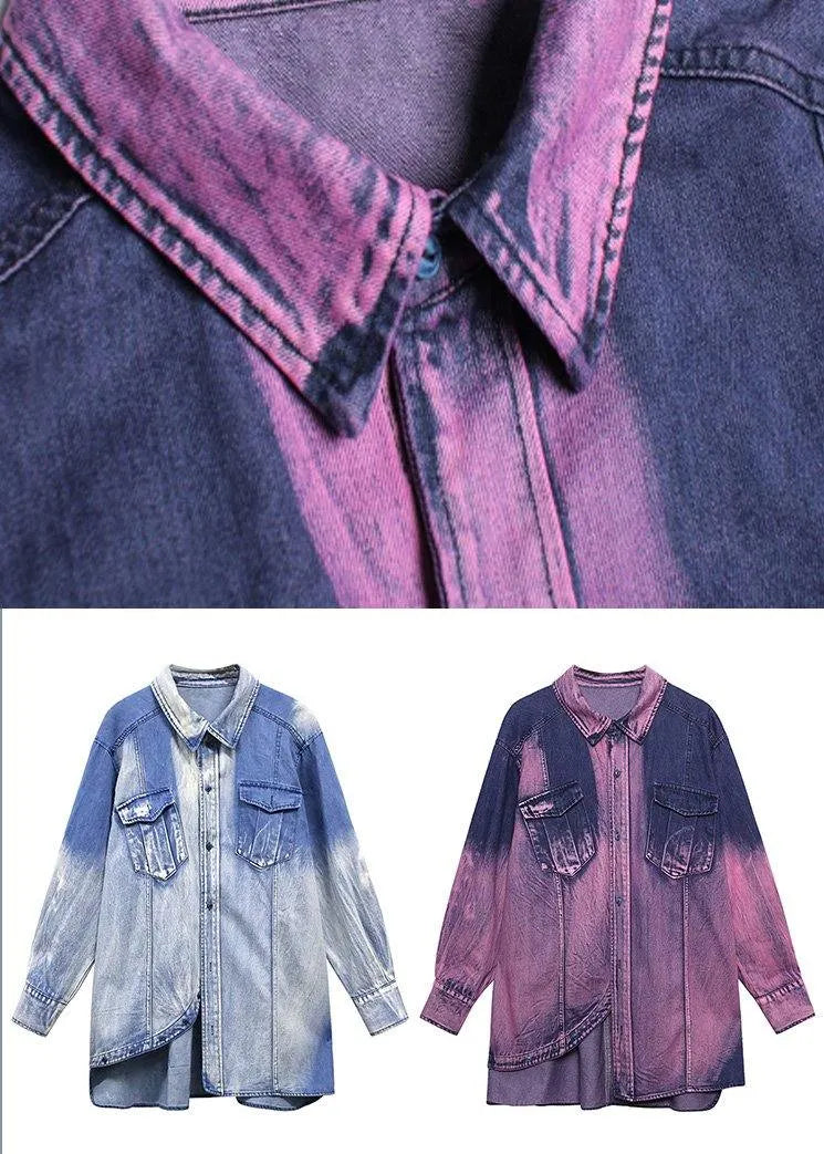 Classy Tie Dye Purple Asymmetrical Design Cotton Long Sleeve Spring Shirt