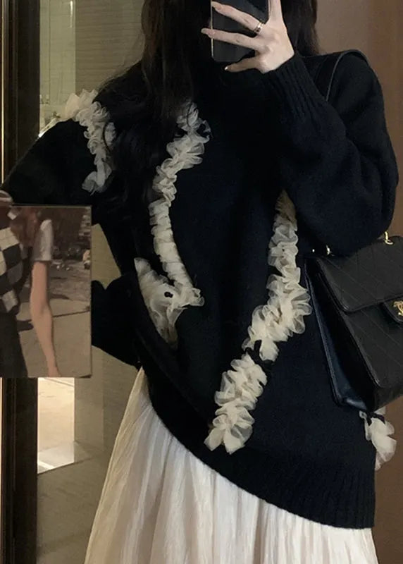 Organic Black O-neck Tulle Patchwork Thick Knit Sweaters Fall